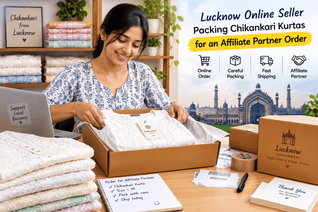 Lucknow online seller packing chikankari kurtas for an affiliate partner order